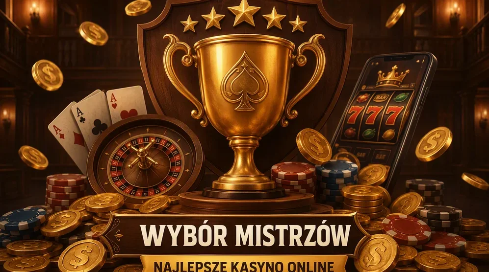 Trofeum otoczone symbolami kasyna online i złotymi monetami